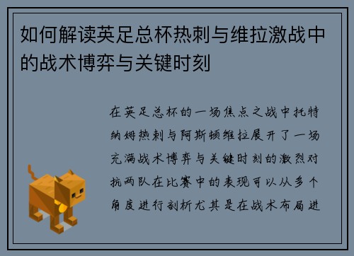 如何解读英足总杯热刺与维拉激战中的战术博弈与关键时刻